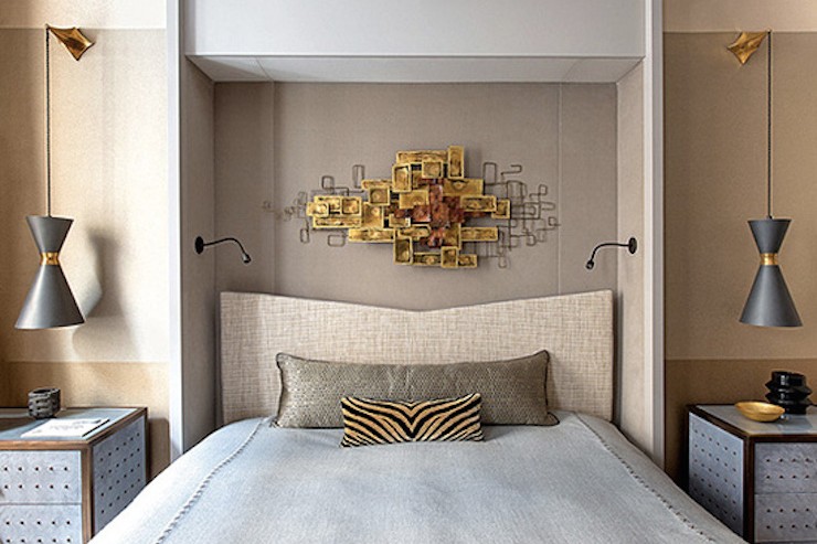 J.L. Deniot contemporary bedroom using mid century modern lighting in black and golden