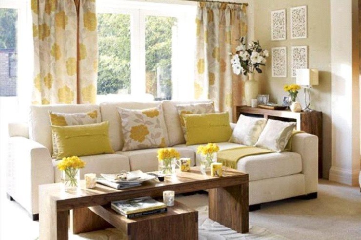 Sarah Richardson modern and colorful living room design with yellow details