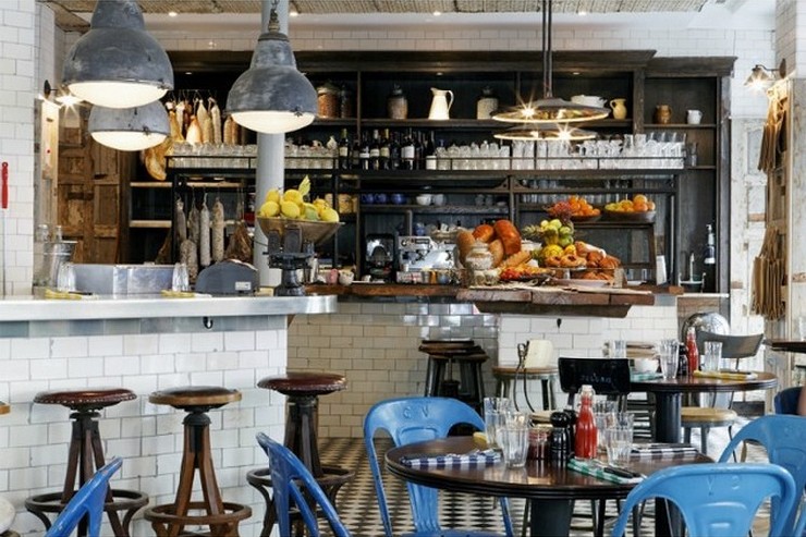 Pizza East, Portobello Blue chairs and industrial lighting by MBDesign Studio