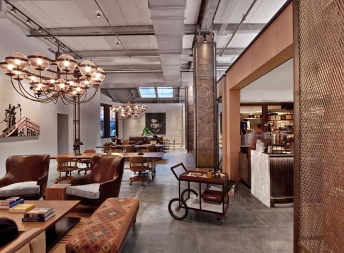 Vintage industrial office interiors of Rockwell Group New York’s co-working space "Neuehouse" by Rockwell Group