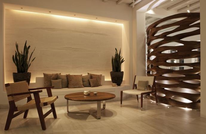 Mid century modern hotel lobby design in Belvedere Hotel on Mykonos, by Rockwell Group
