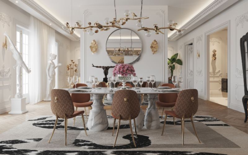 brown dining chairs in a white dining room