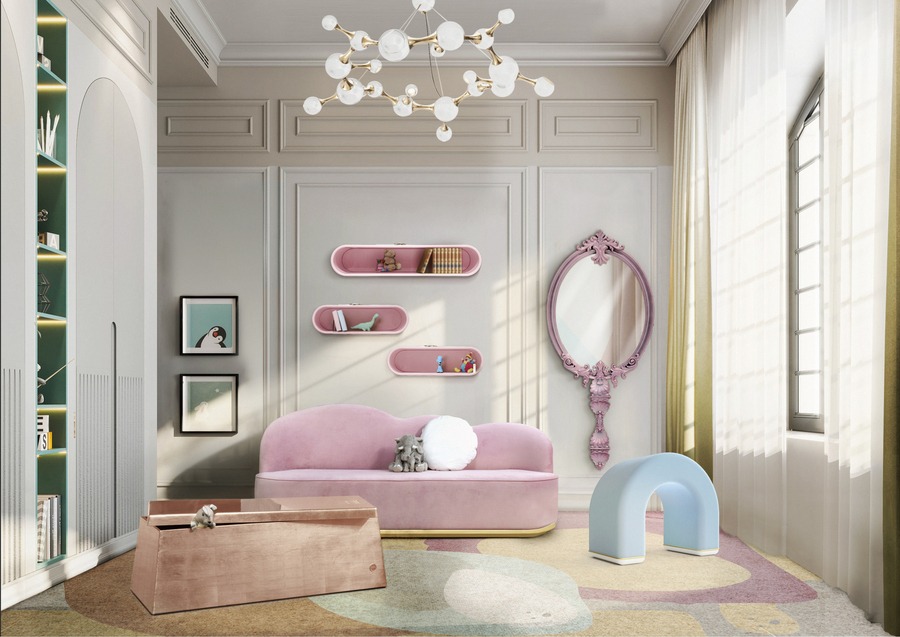 velvet pink sofa kids room mirror