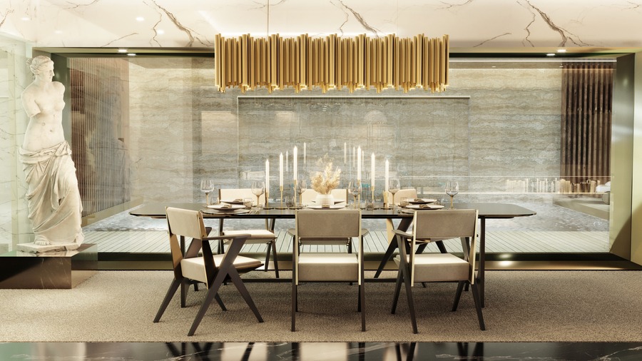 golden chandelier with large table with beige and brown armchairs