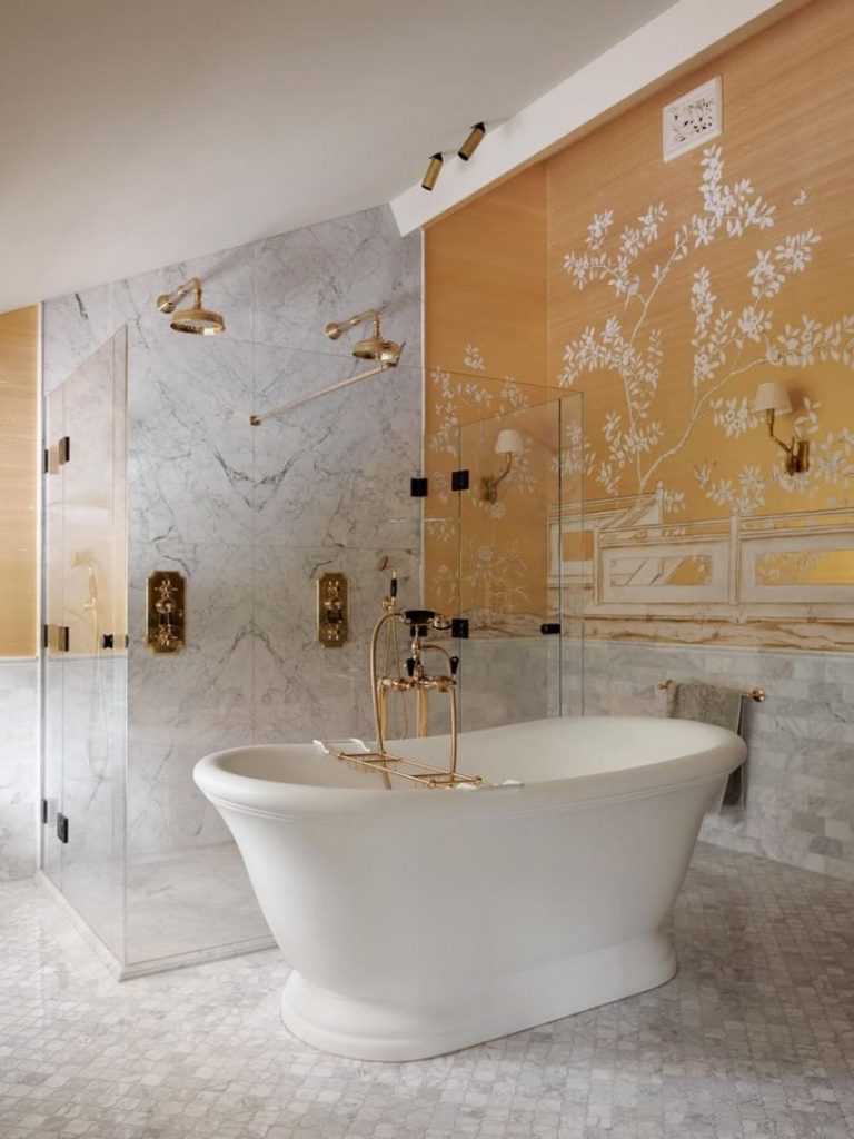 Beautiful White And Gold Bathroom Withb Accent Wall