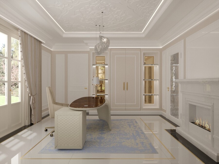 off white office with blue and gold details