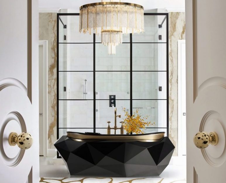 Glossy diamond shaped bathtub in a luxurious bathroom with beautiul chandelier