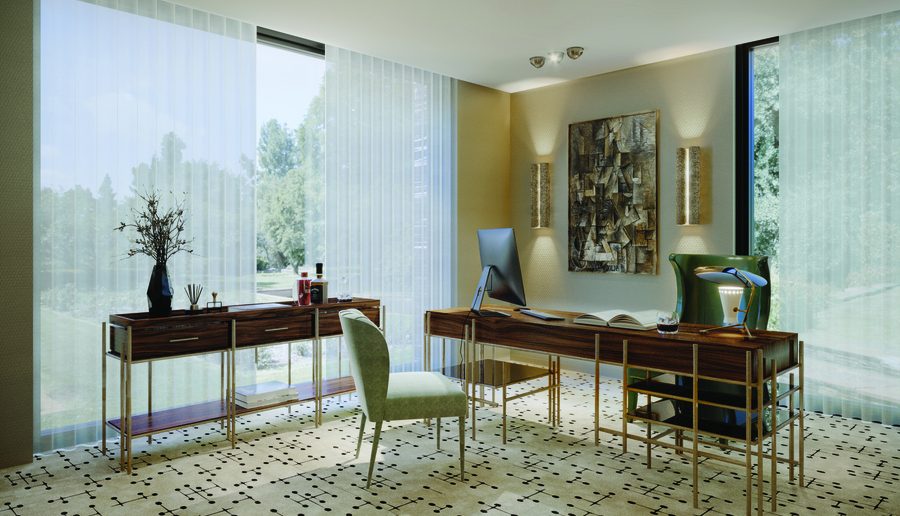 mid century office in madrid with wooden and dark materials