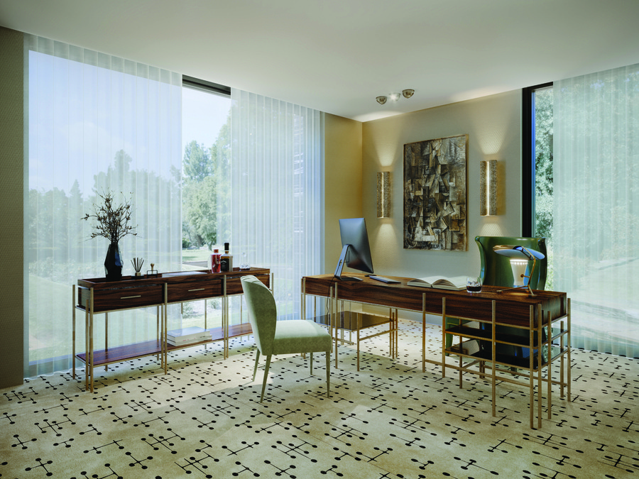 mid century office in madrid with wooden and dark materials