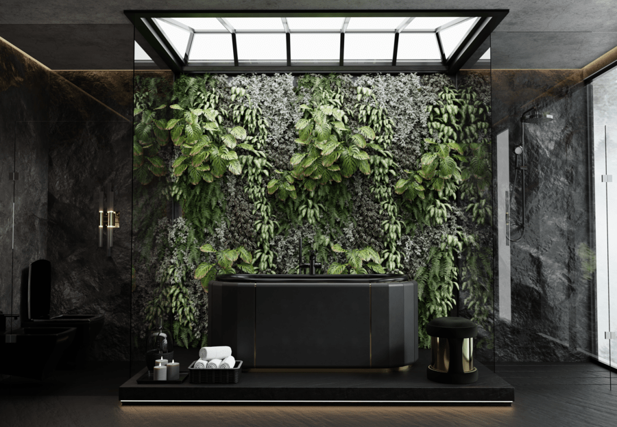 black bathrub in a green and black bathroom