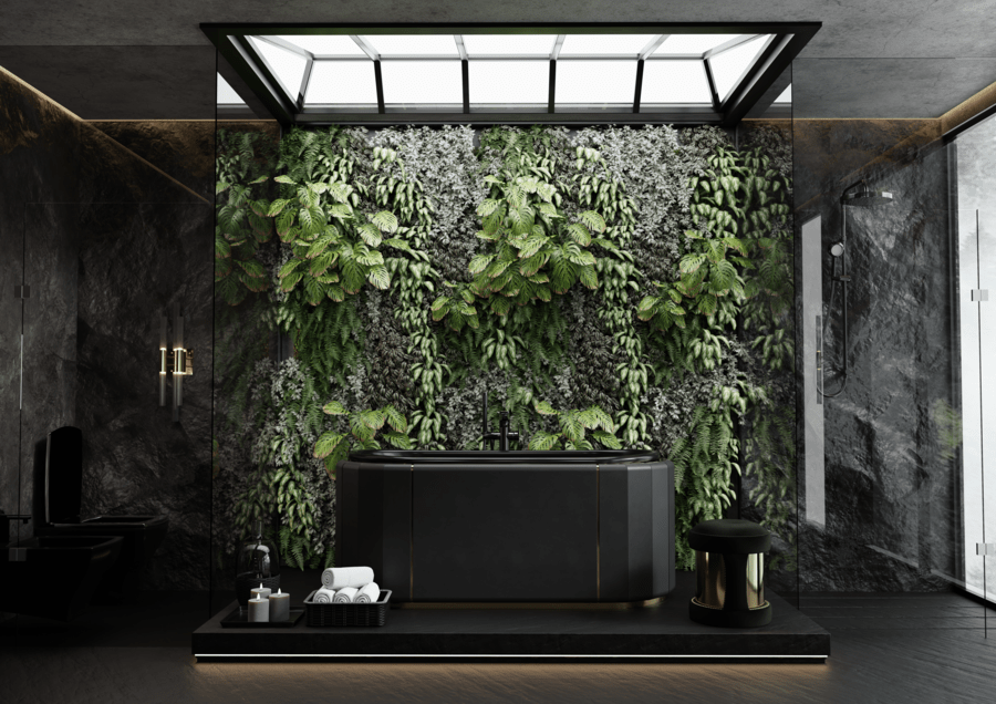 black bathrub in a green and black bathroom