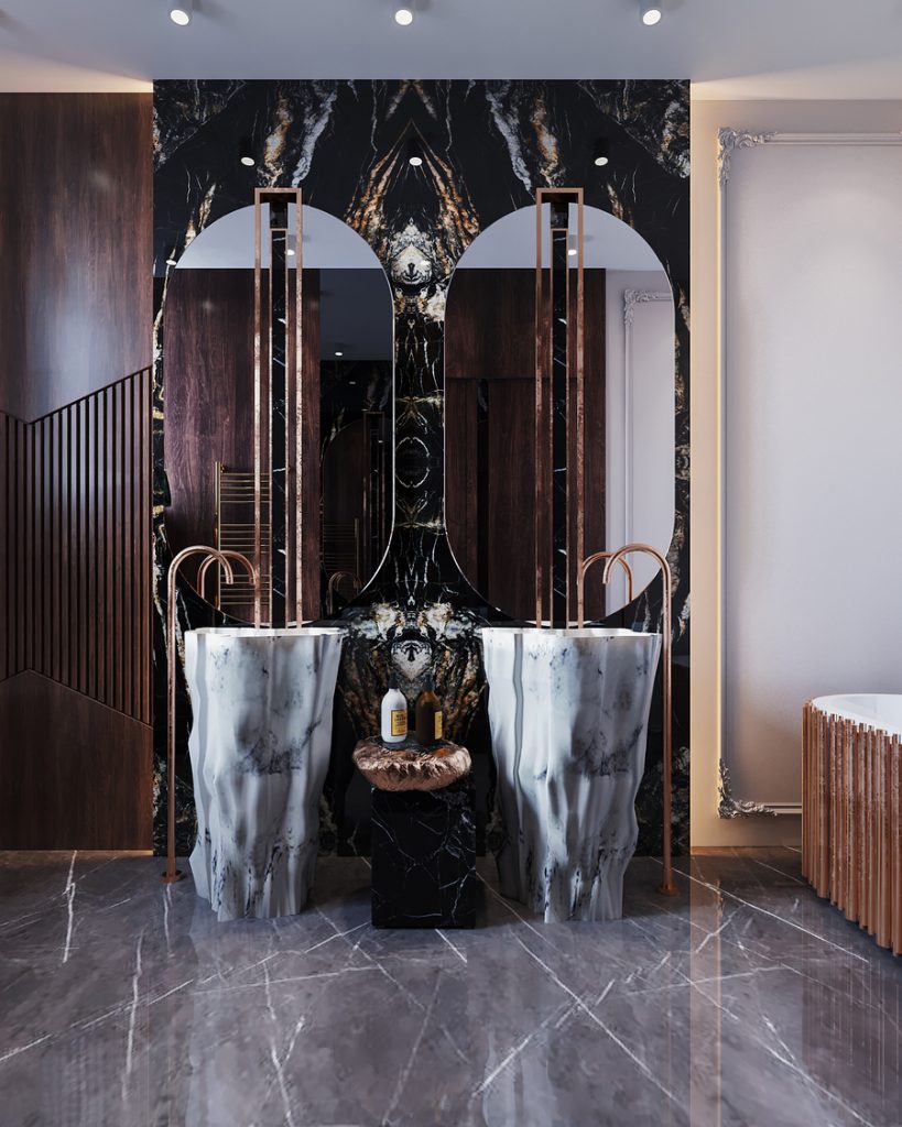 designed washbasin marble inspired dark bathroom