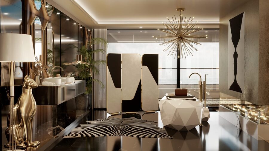 white bathtub luxury bathroom zebra rug HOUSE OF CARLO DONATI IN SAINT TROPEZ
