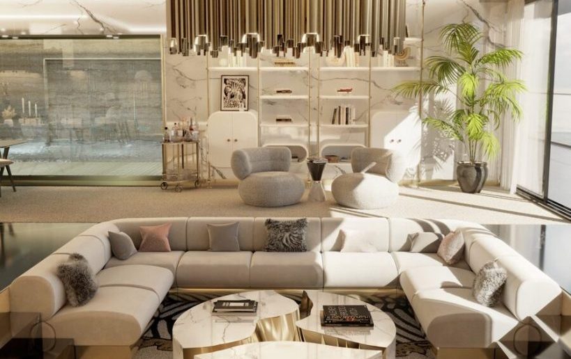 neutral tones sofa light pendant luxury gold HOUSE OF CARLO DONATI IN SAINT TROPEZ