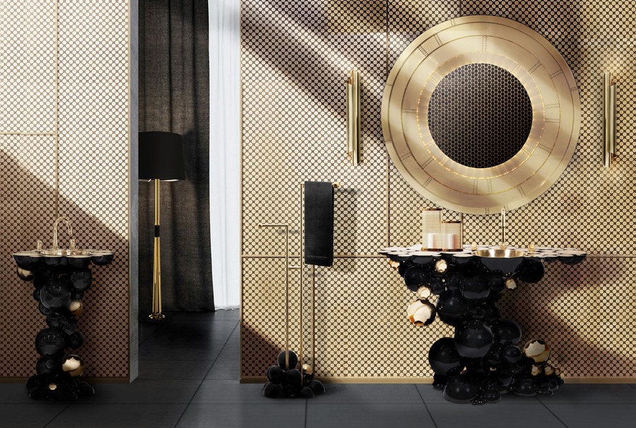 black and gold-themed bathroom