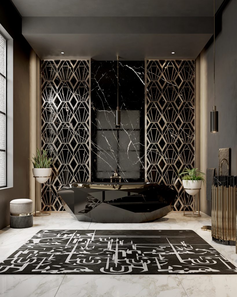 modern and dark bathroom with bronze details
