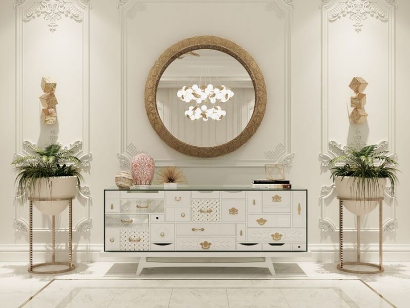 white and gold details console hallway
