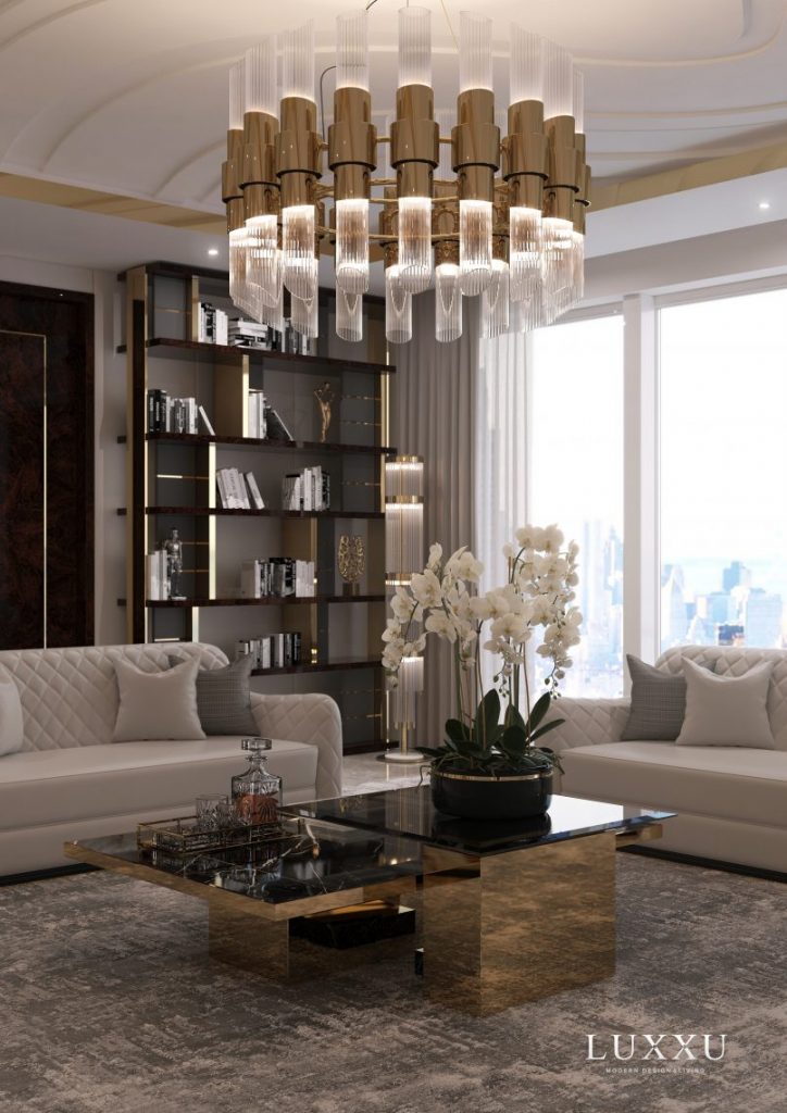 sofas with chandelier