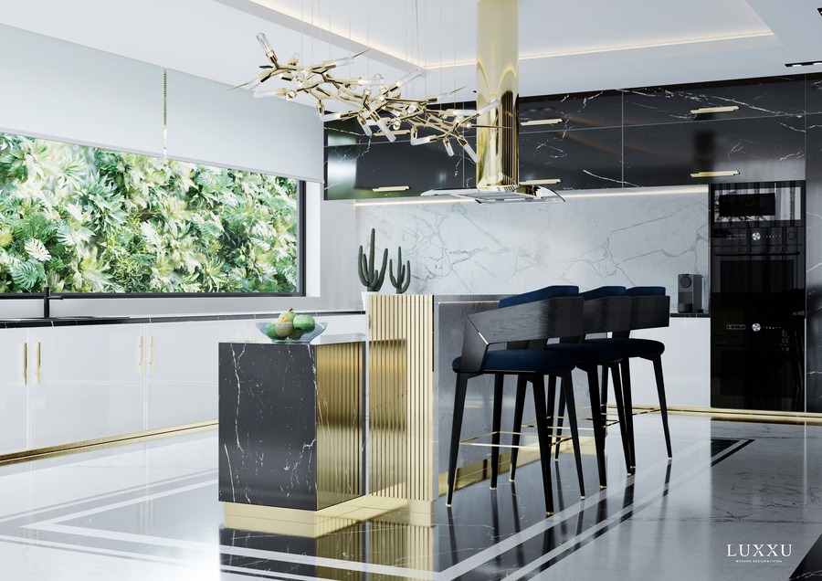 black marble and gold details kitchen black chairs
