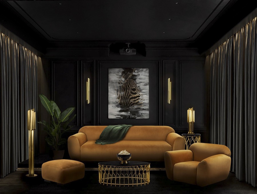Dark Living Room With Statement Yellow Sofa