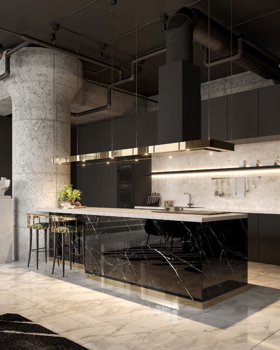 Black And Gold Spacious Kitchen Design