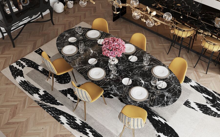 yellow chair marble table dining room