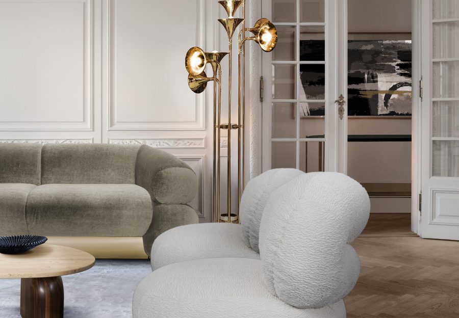 modern living room white sofa and golden floor lamp