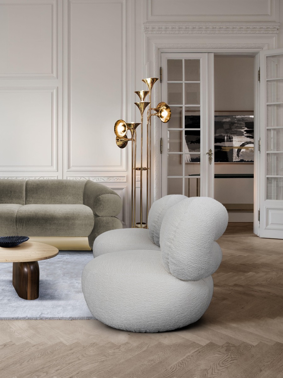 modern living room white sofa and golden floor lamp