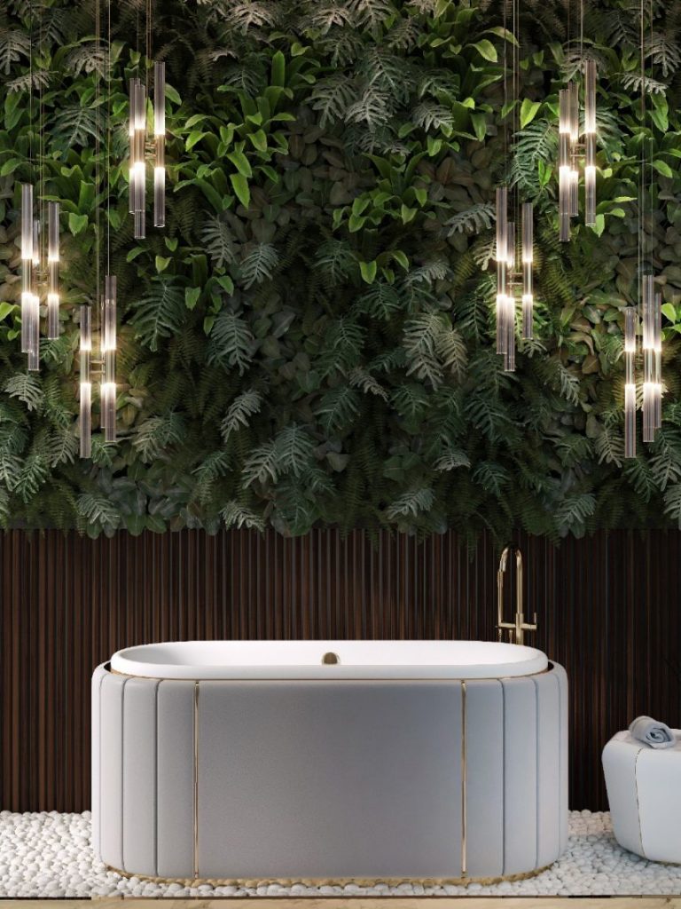Oasis Like Bathroom With Exquisite Leaf Wall