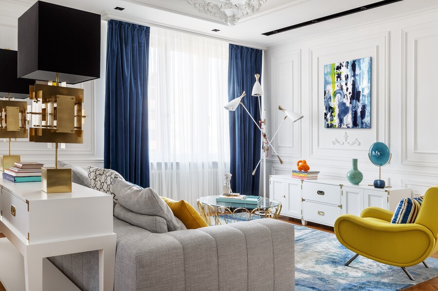 white blue and yellow living room