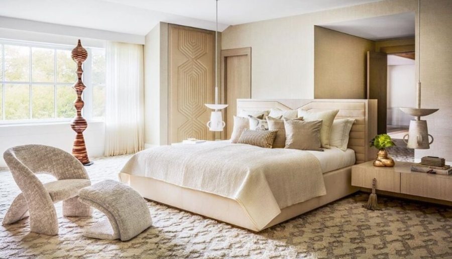 beige tones bedroom in hamptons designed by Kelly Behun Studio