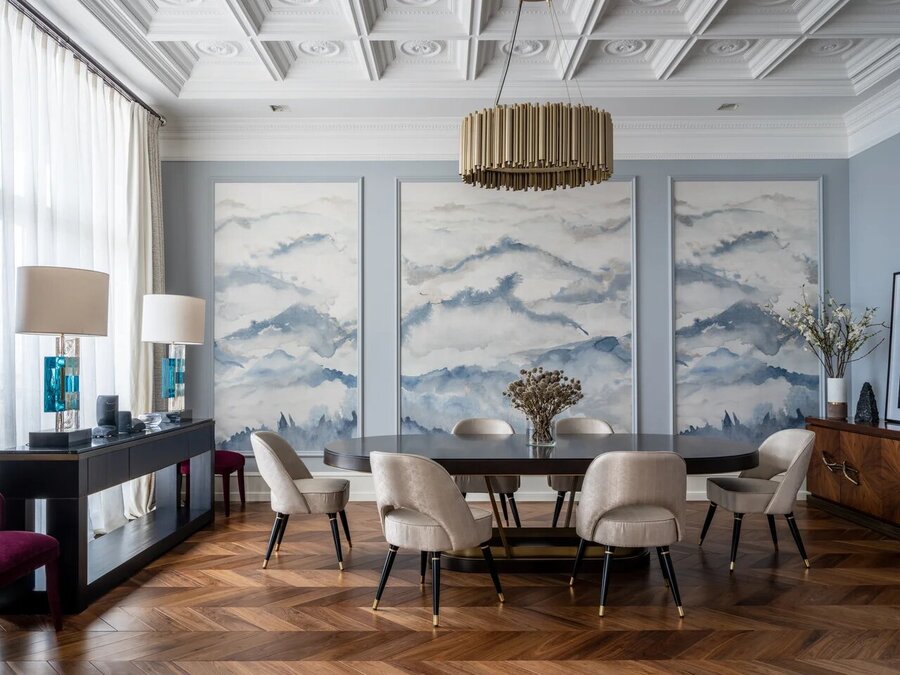 blue and white luxurious dining room