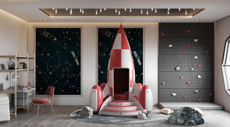 rocket themed bed kids room