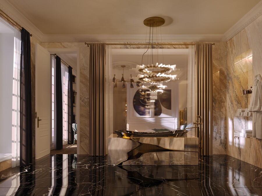 golden bathtub in a luxurious bathroom