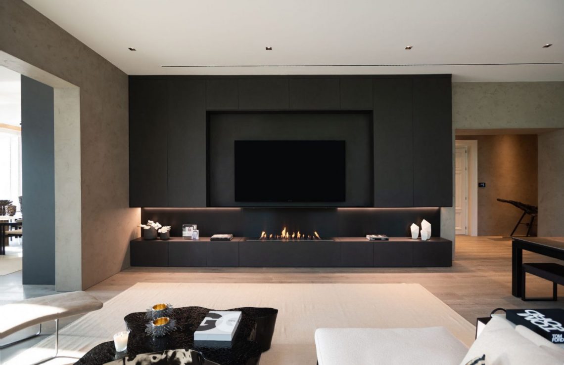 Dark Living Room With A Fireplace