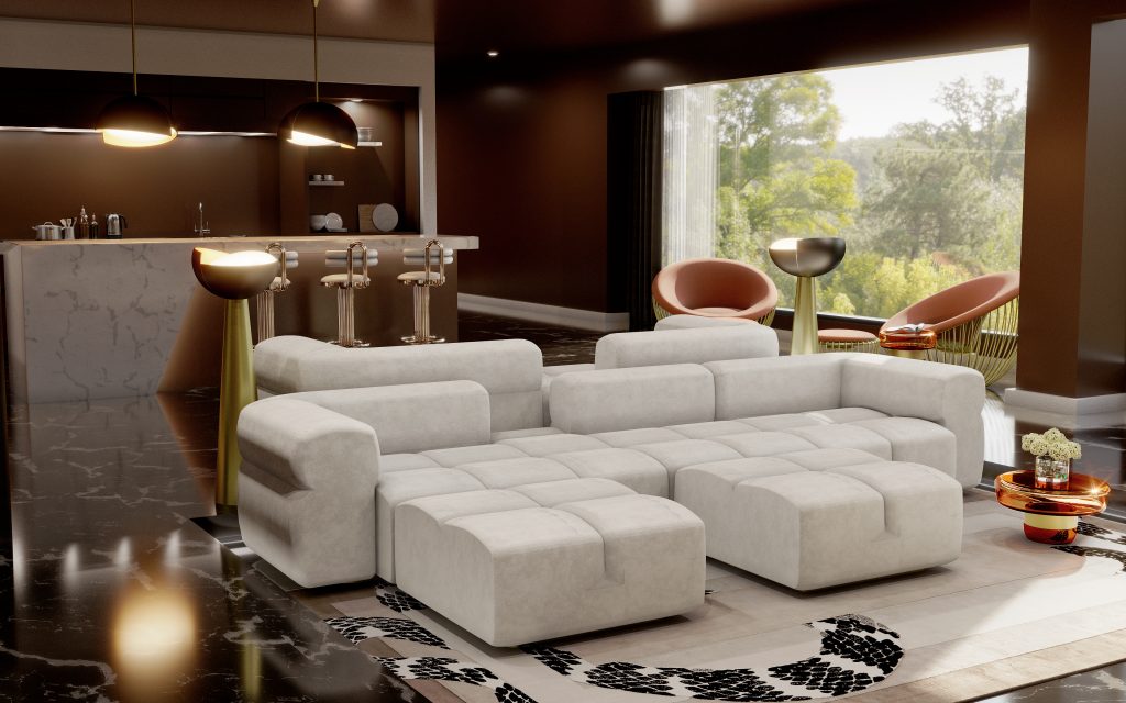 dark living room with white sofa