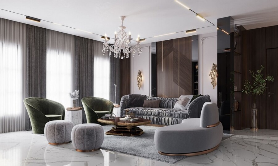 modern classic living room with grey sofas