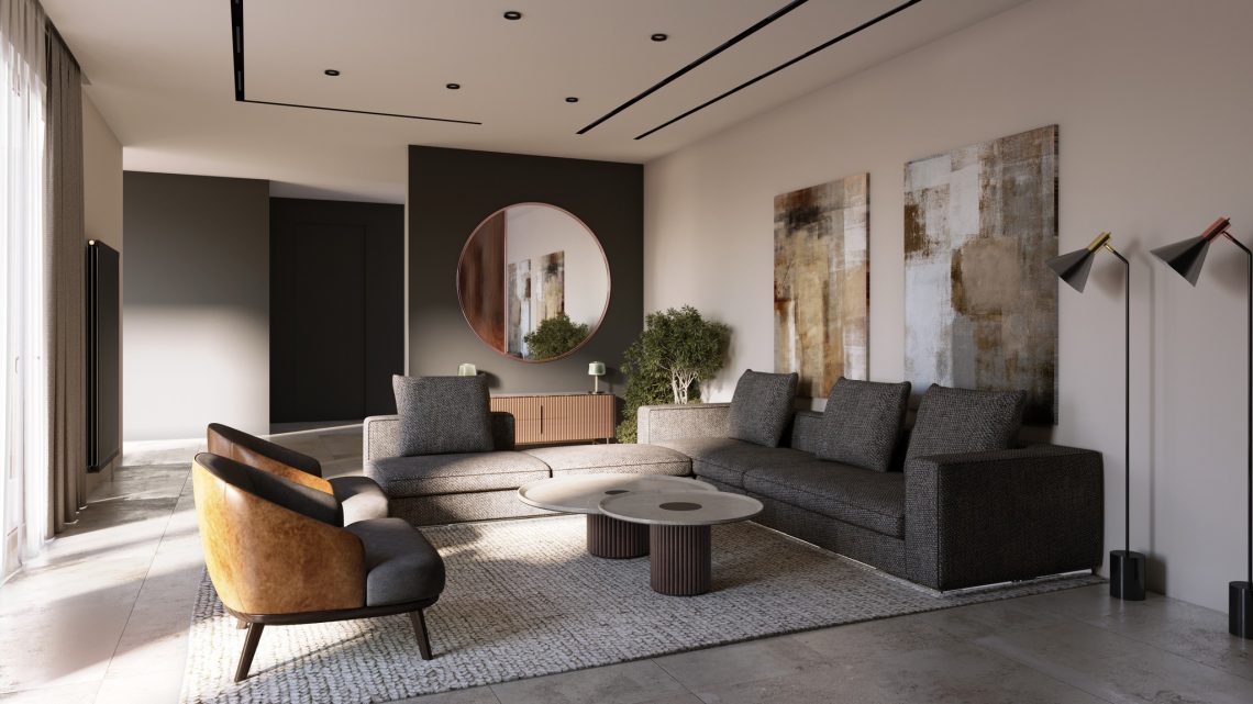 luxury living room with dark tones